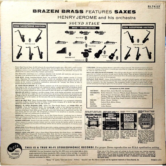 Henry Jerome LP Brazen Brass Features Saxes on Decca VG/VG+ Jazz 1961 Stereo - Picture 2 of 4